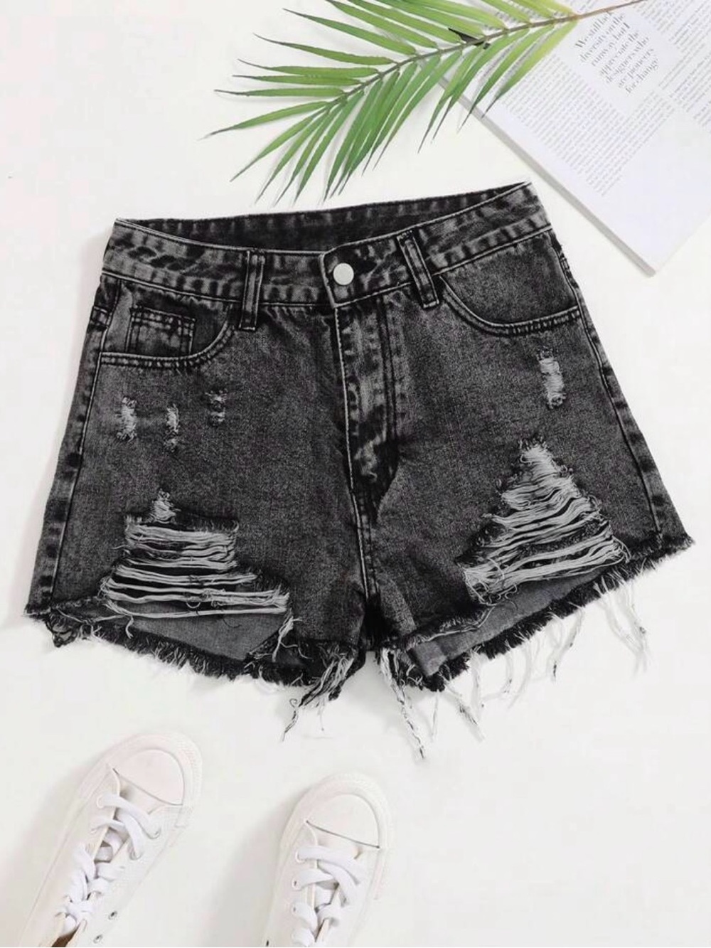 High-Waist Distressed Black Denim Shorts